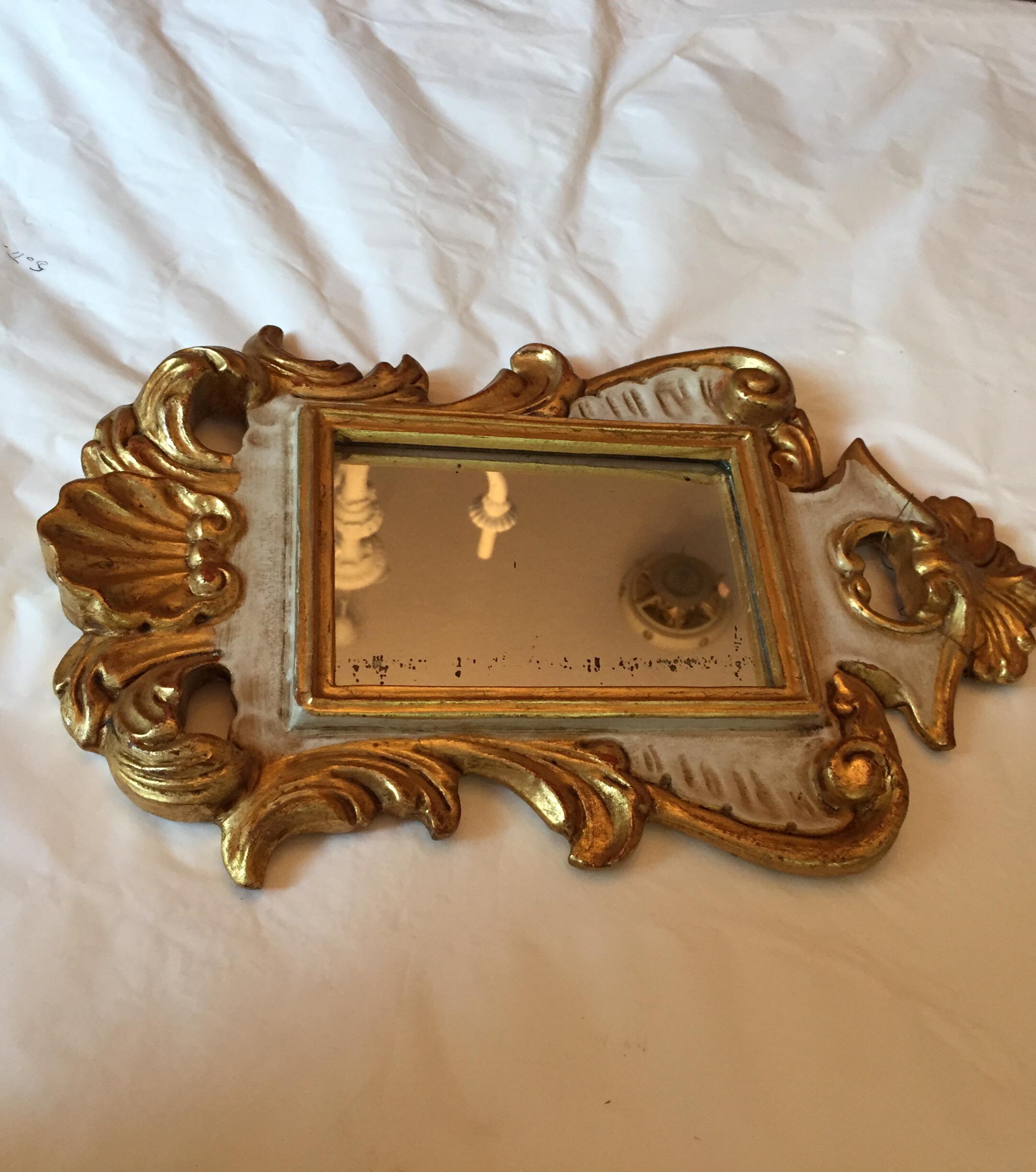 20th Century Italian Small Mirror Carved Giltwood and Ivory Painted 3