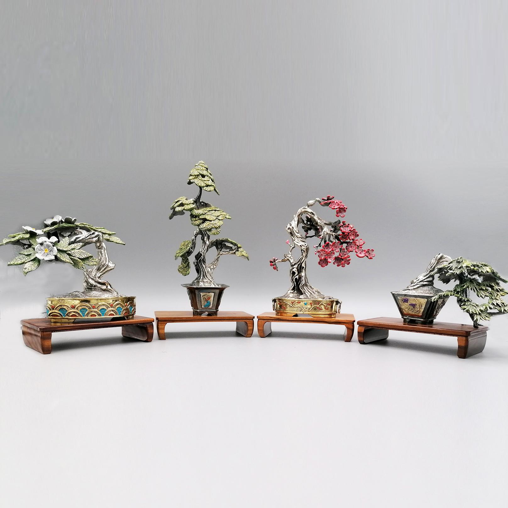 Japonisme 20th Century Italian Solid 800 Silver 4-Piece Collection Bonsai Miniatures For Sale