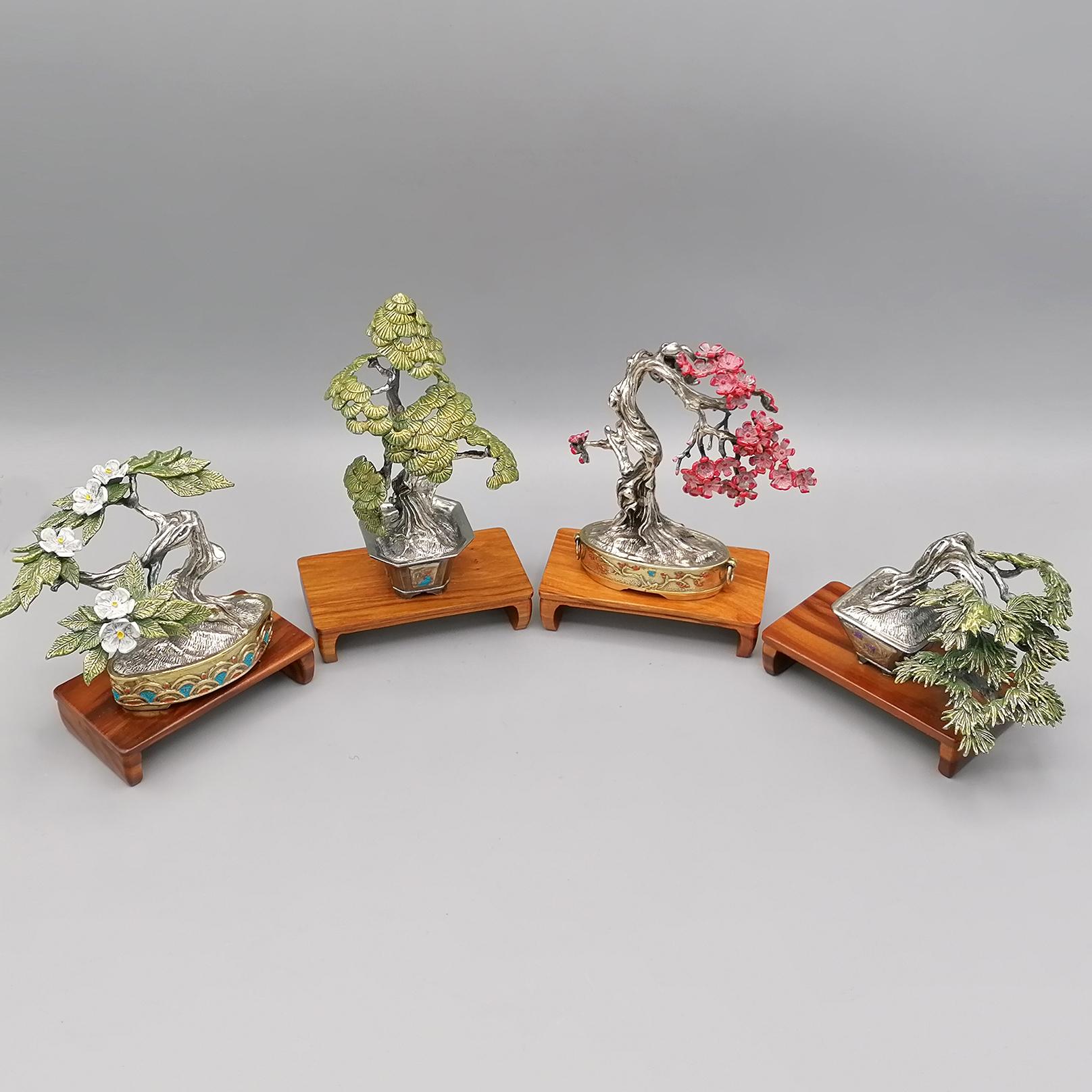 Hand-Crafted 20th Century Italian Solid 800 Silver 4-Piece Collection Bonsai Miniatures For Sale