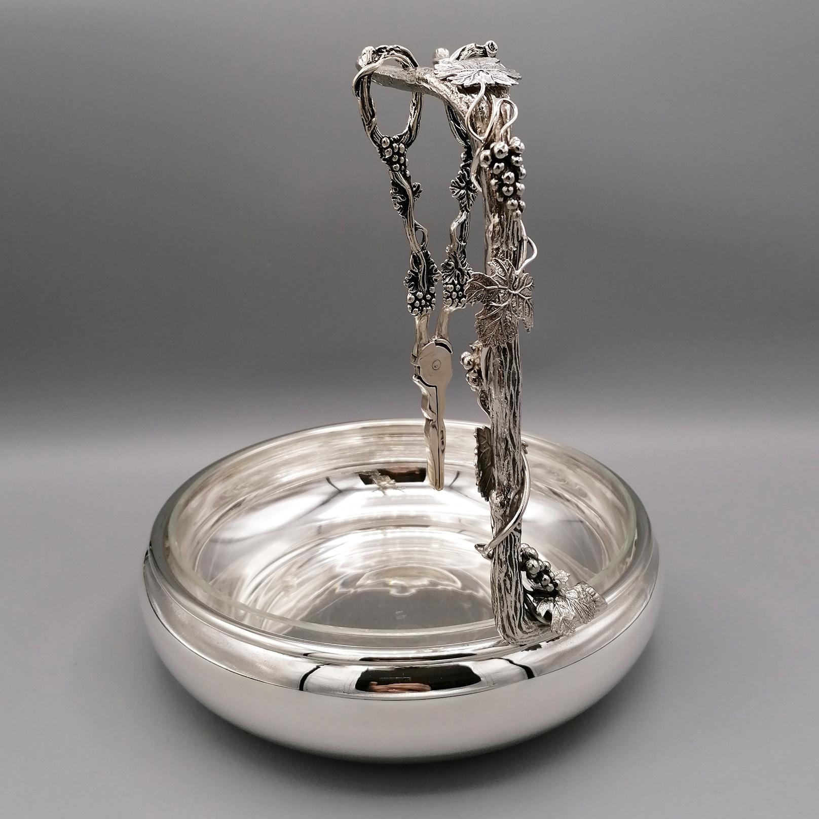 Coupe à raisins en argent massif 800 Silver avec cristal, Italie du 20e siècle Excellent état - En vente à VALENZA, IT