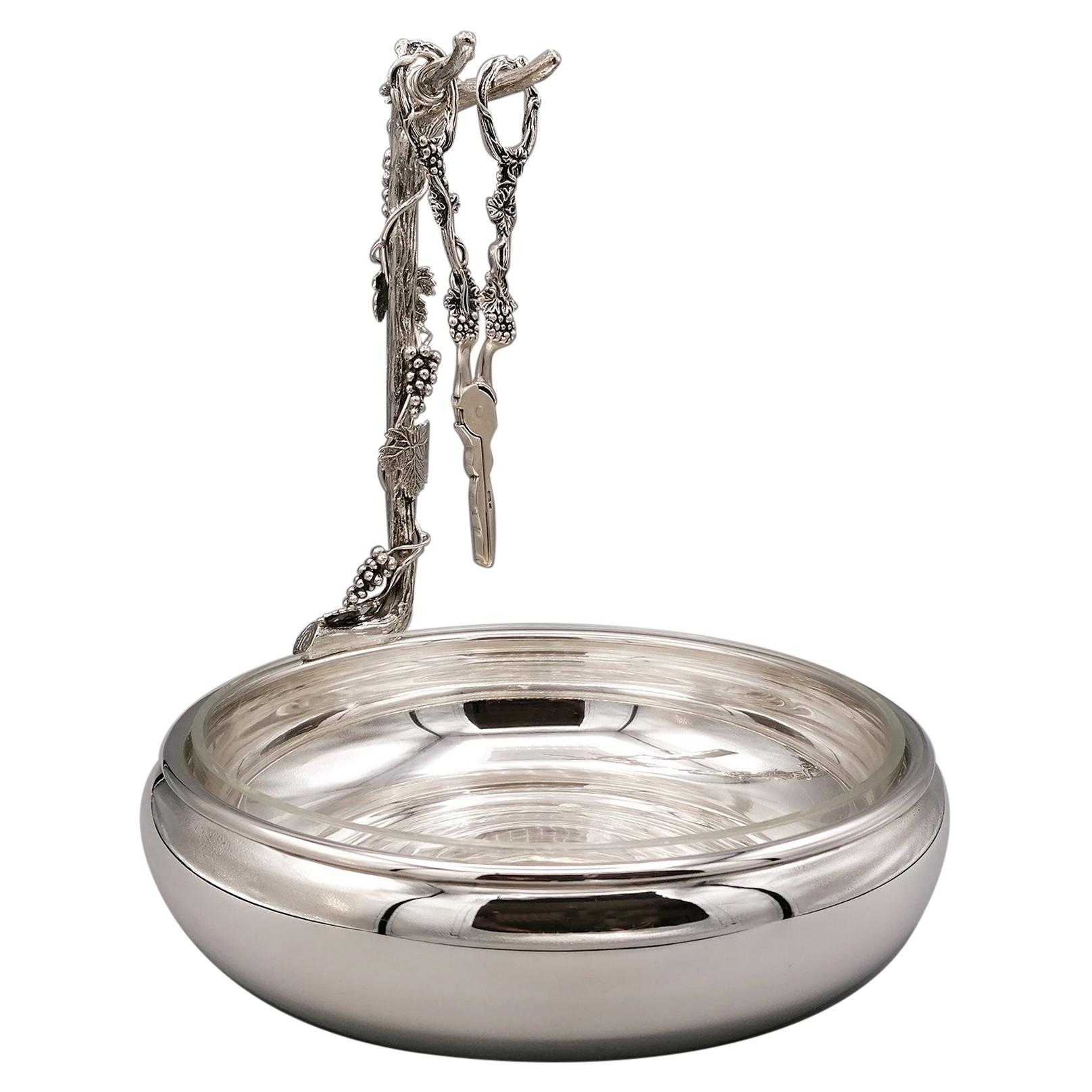 Coupe à raisins en argent massif 800 Silver avec cristal, Italie du 20e siècle en vente