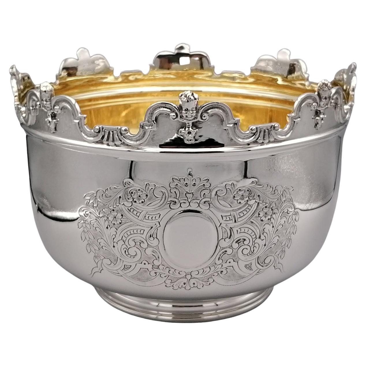 20th Century Italian Solid 800 Silver Presentation Bowl, Monteith Style For Sale