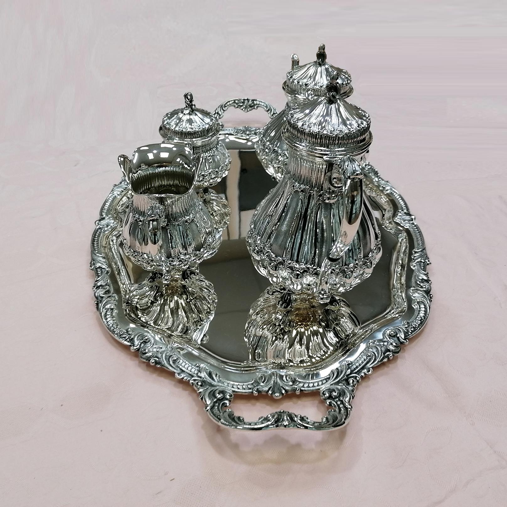 Baroque Revival 20th Century Italian Solid 800 Silver Tea-Coffeeset with Tray For Sale