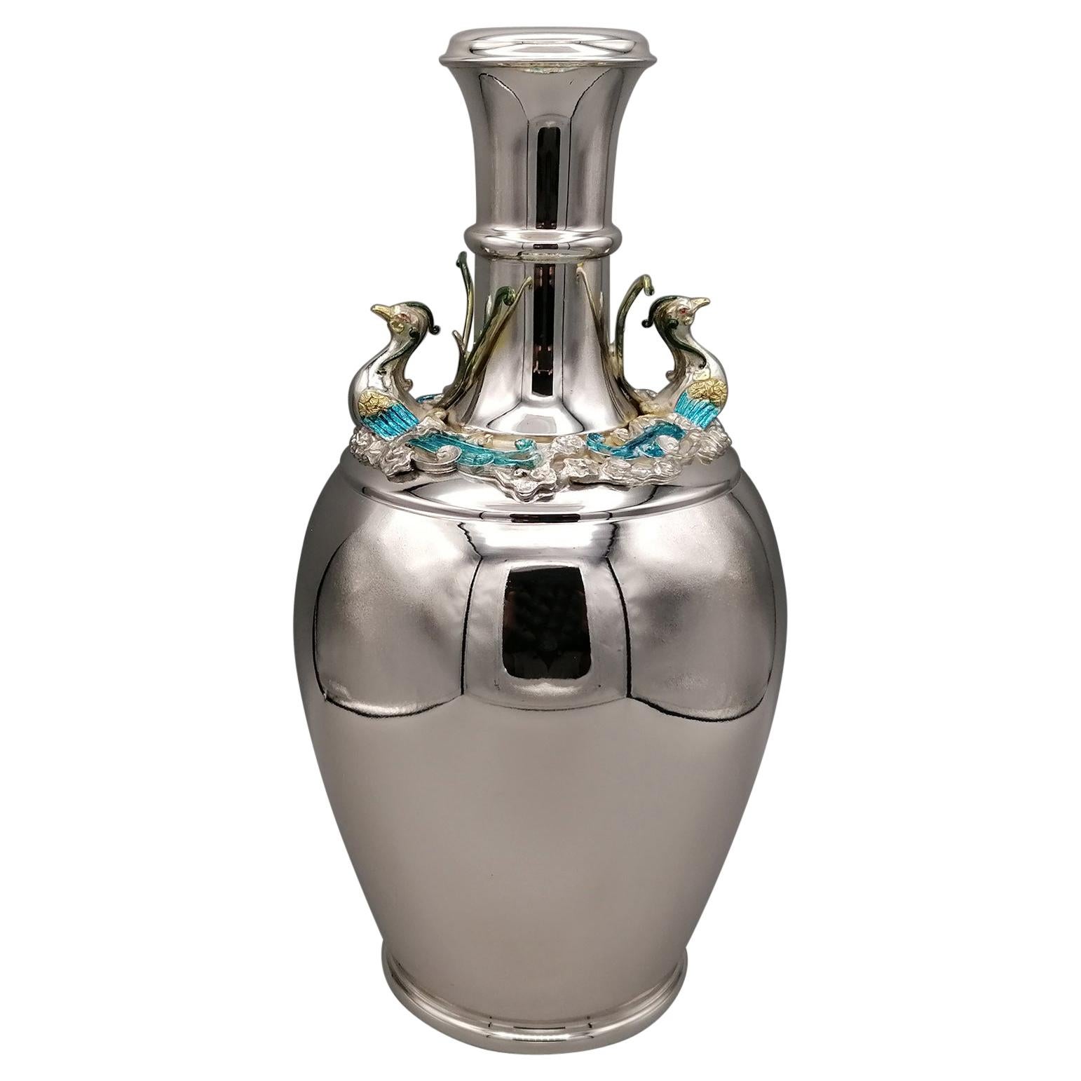 20th Century Italian Solid 800 Silver Vase Chinese Replica For Sale