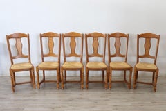 20th Century Italian Solid Oak Wood Set of Six Chairs with Straw Seat