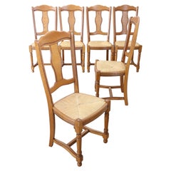 20th Century Italian Solid Oak Wood Set of Six Chairs with Straw Seat