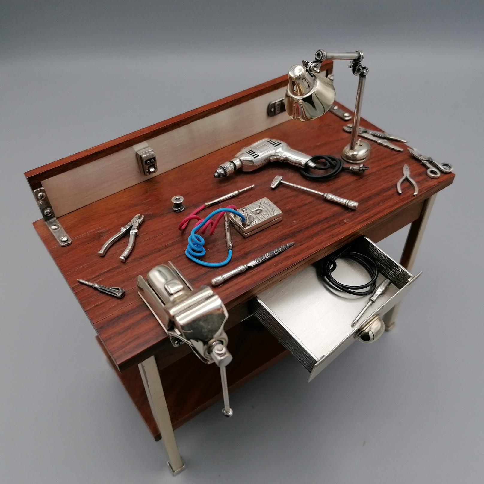 20th Century Italian Solid Silver 800 and Wood Electrician's Workbench Miniature 1