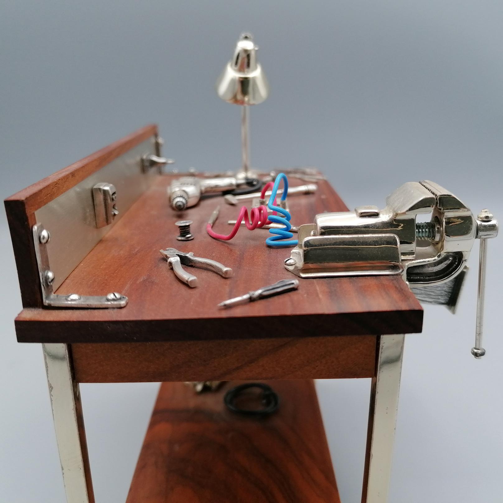 20th Century Italian Solid Silver 800 and Wood Electrician's Workbench Miniature 2