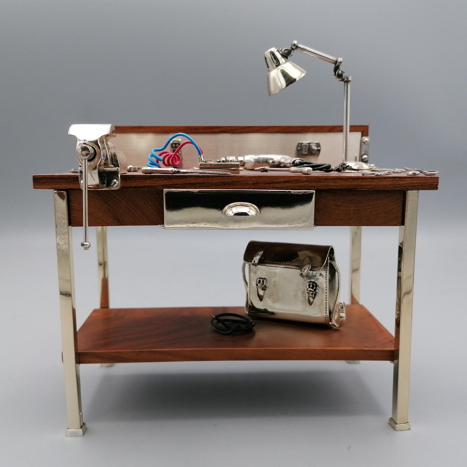 Hand-Crafted 20th Century Italian Solid Silver 800 and Wood Electrician's Workbench Miniature