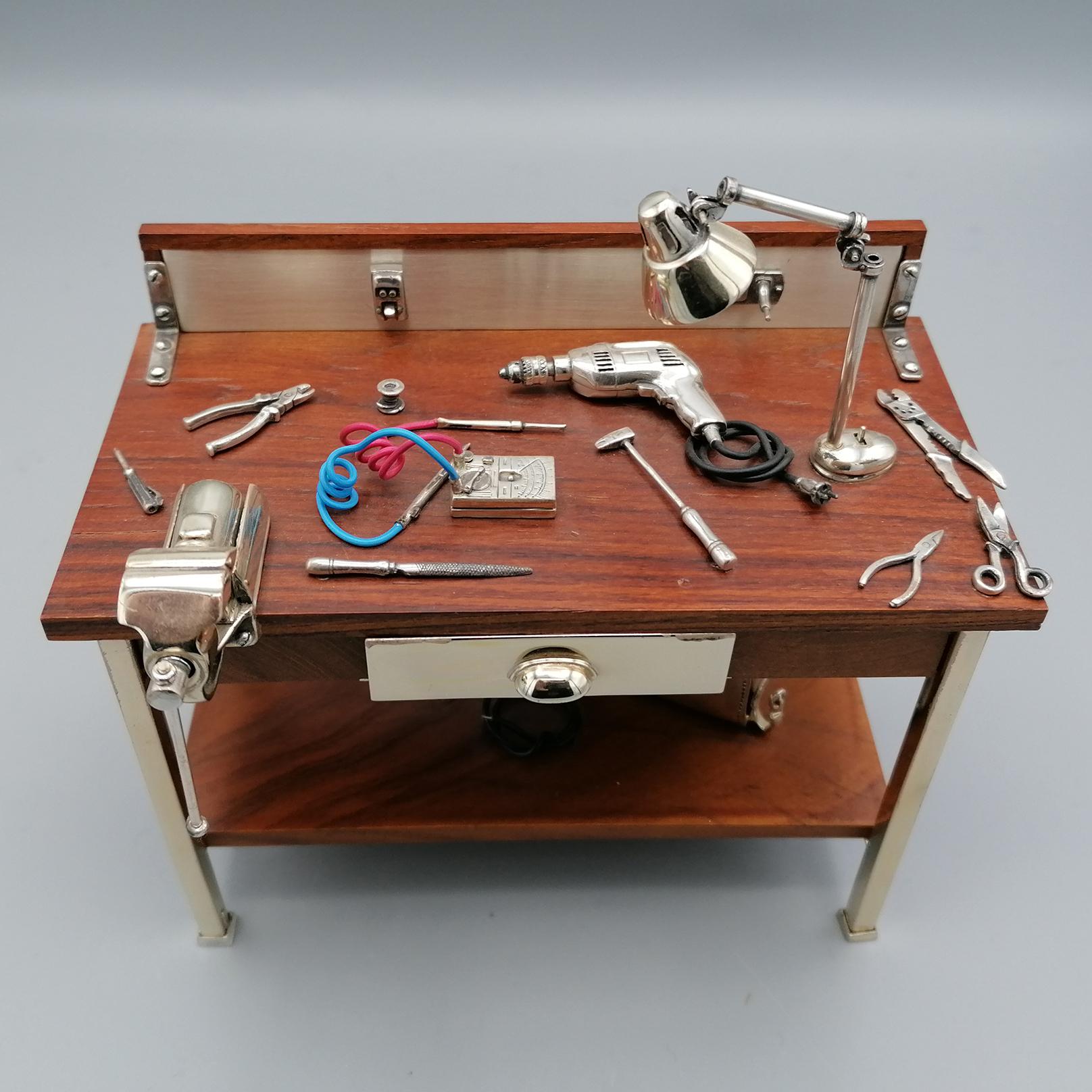 20th Century Italian Solid Silver 800 and Wood Electrician's Workbench Miniature In Excellent Condition In VALENZA, IT