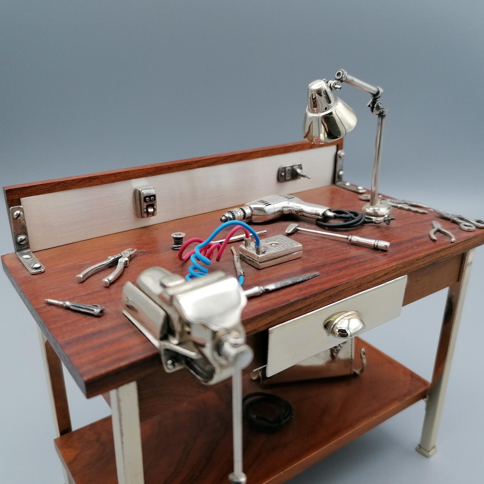 Late 20th Century 20th Century Italian Solid Silver 800 and Wood Electrician's Workbench Miniature