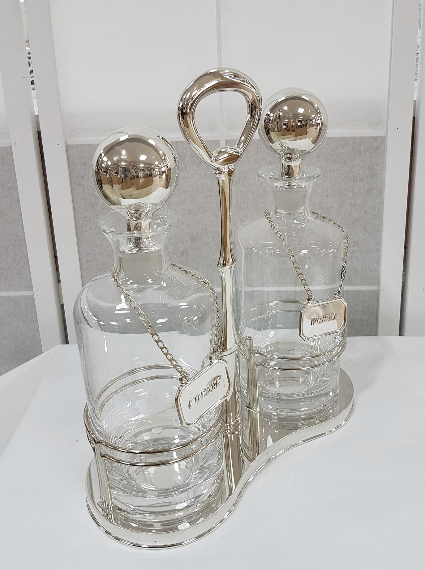 20th Century Italian Solid Silver 800 Tantalus with Two Cristal 24% Bottles 4