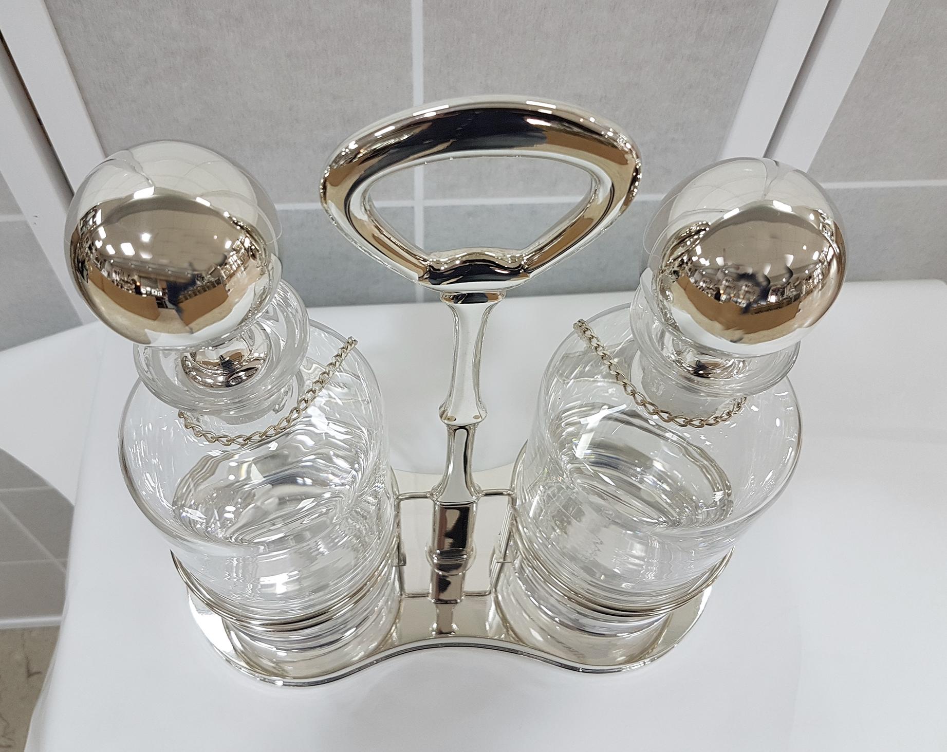 20th Century Italian Solid Silver 800 Tantalus with Two Cristal 24% Bottles 2