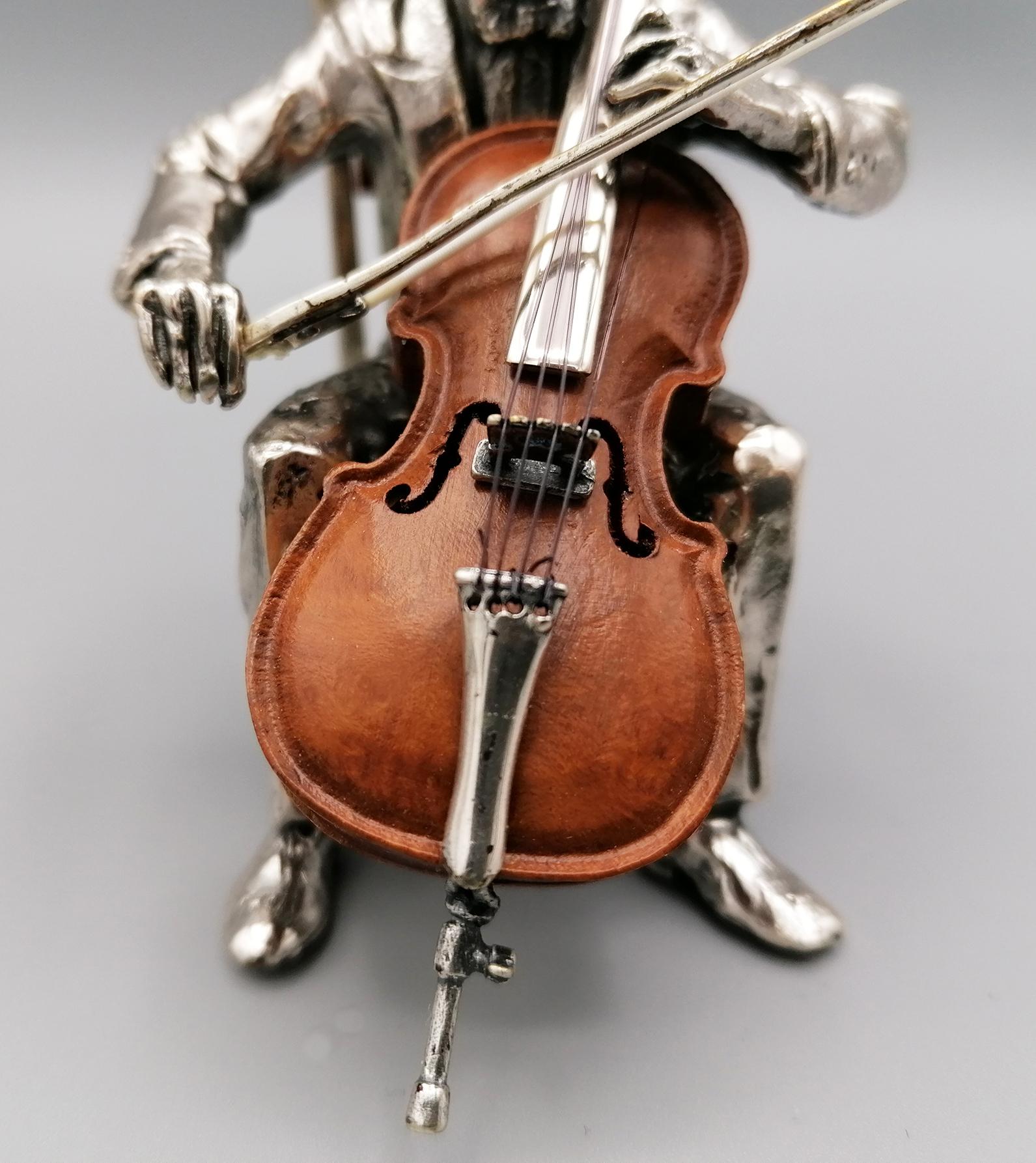 20th Century Italian Solid Silver and Briar Cello Player with Chair In Excellent Condition In VALENZA, IT