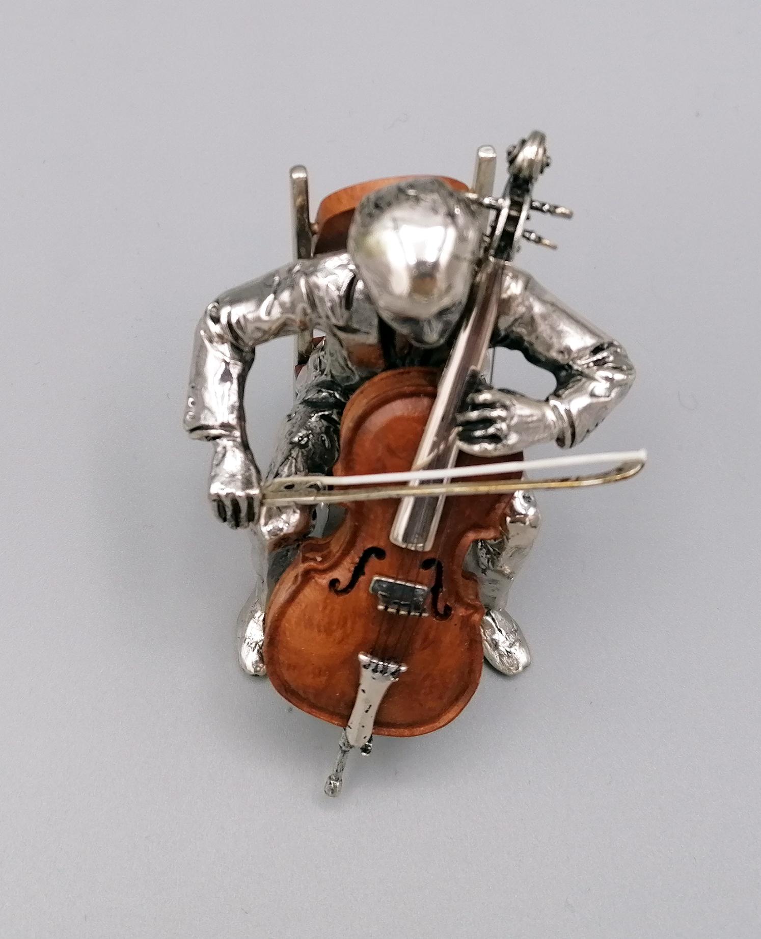 Late 20th Century 20th Century Italian Solid Silver and Briar Cello Player with Chair