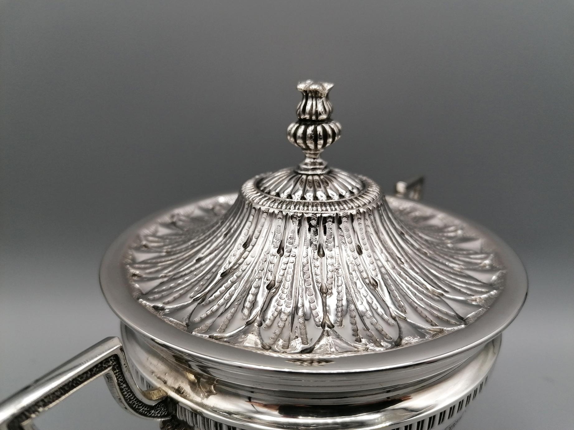 20th Century Italian Solid Silver Empire Style Sugar Bowl on Feet In Excellent Condition For Sale In VALENZA, IT