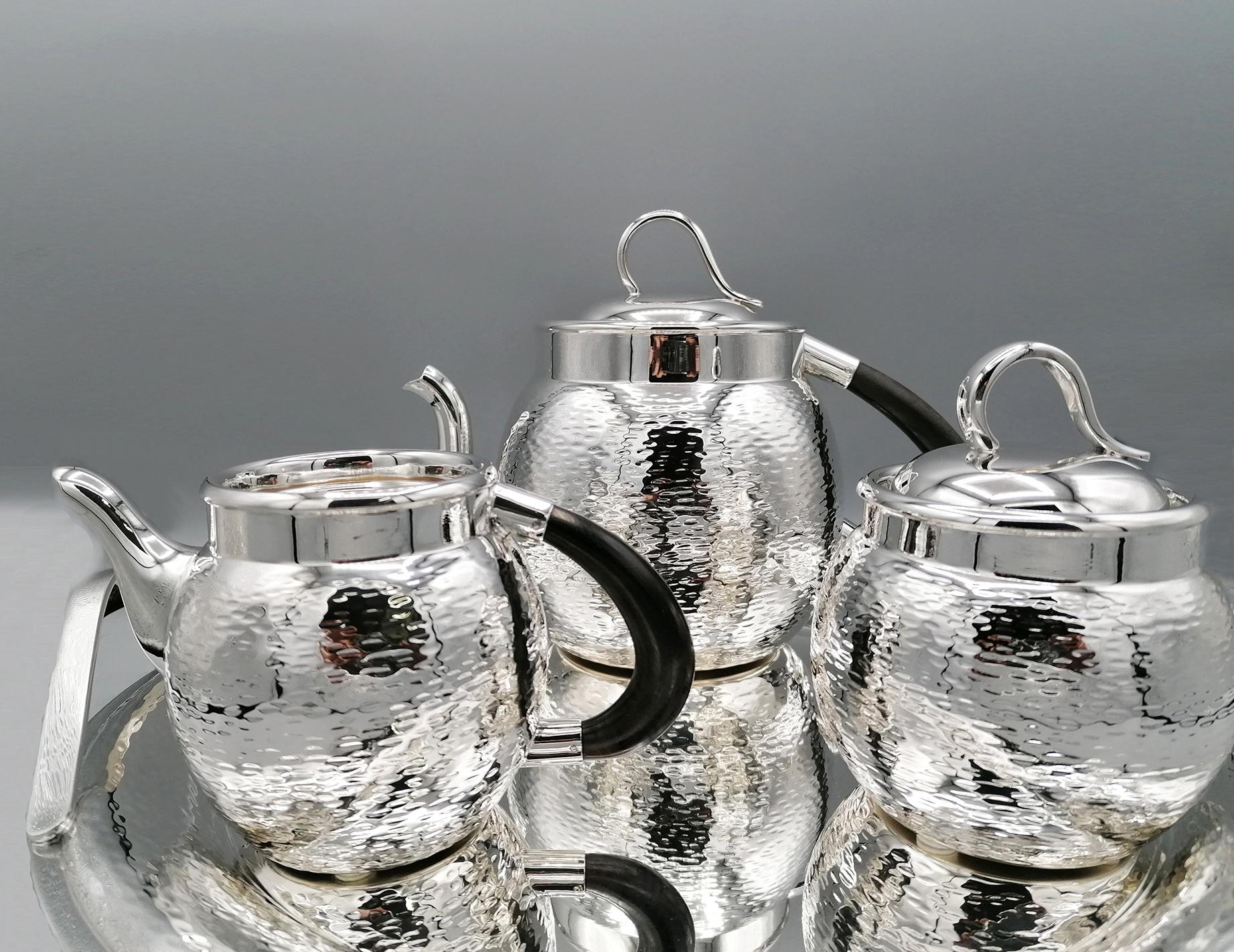 Embossed 20th Century Italian Solid Silver Hammered Teaset