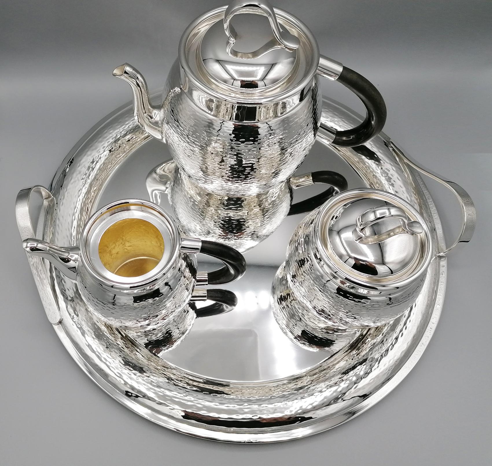 20th Century Italian Solid Silver Hammered Teaset In Excellent Condition In VALENZA, IT