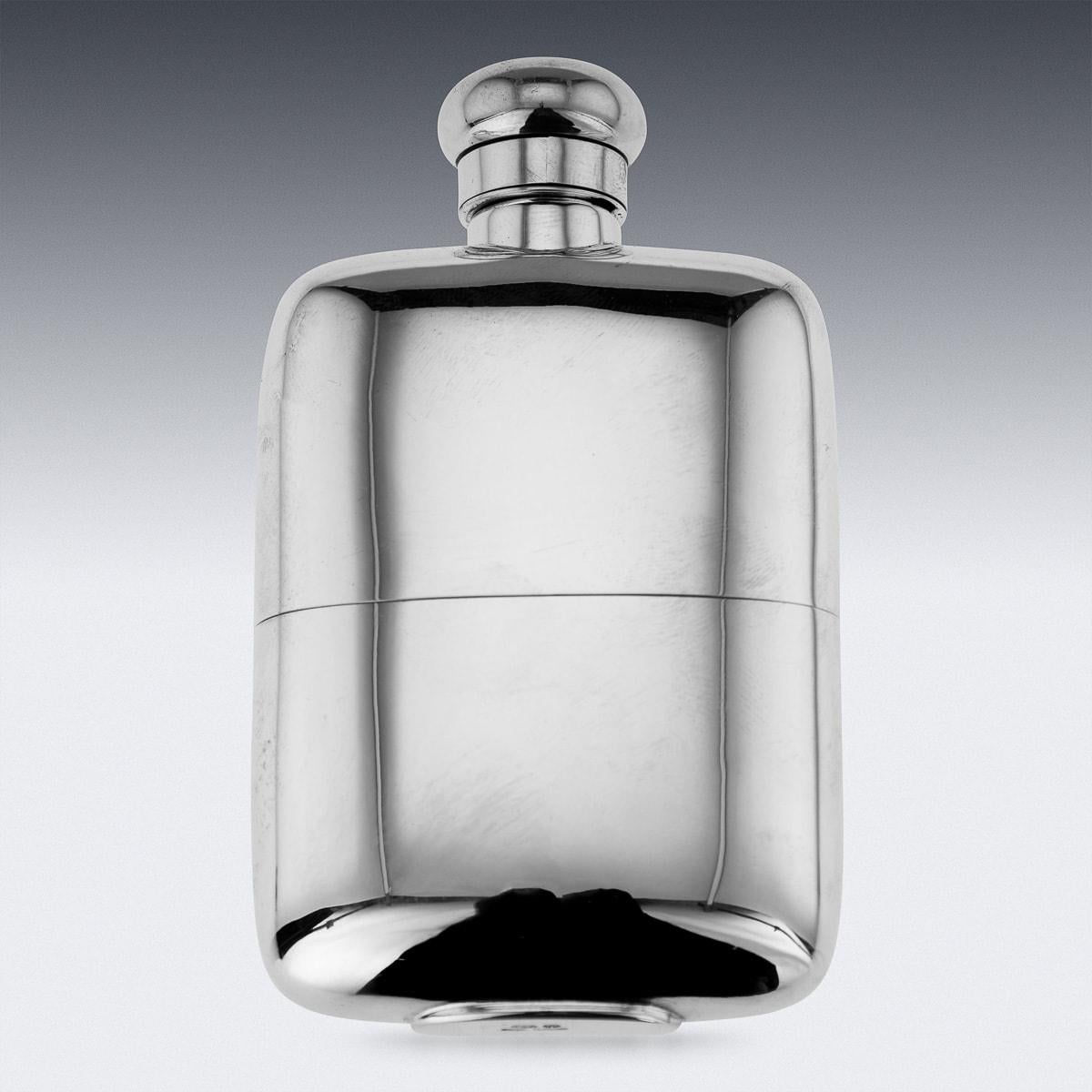A superb late 20th Century Italian solid silver hip flask with silver hinged top. Beautifully created in a smooth overall finish with a detachable cup. Hallmarked Italian export silver (925 standard), Florence. Later English Import marks for,