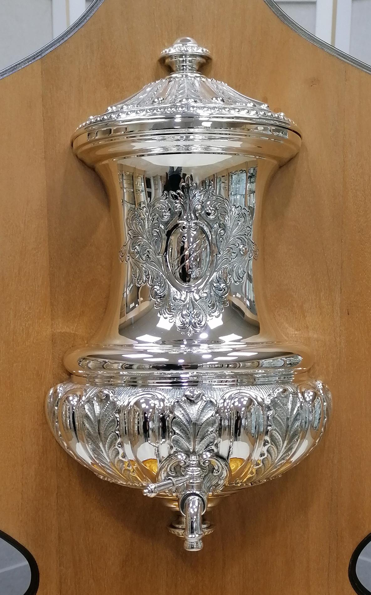 Embossed 20th Century Italian Solid Silver Holy Water Stoup with Tap For Sale