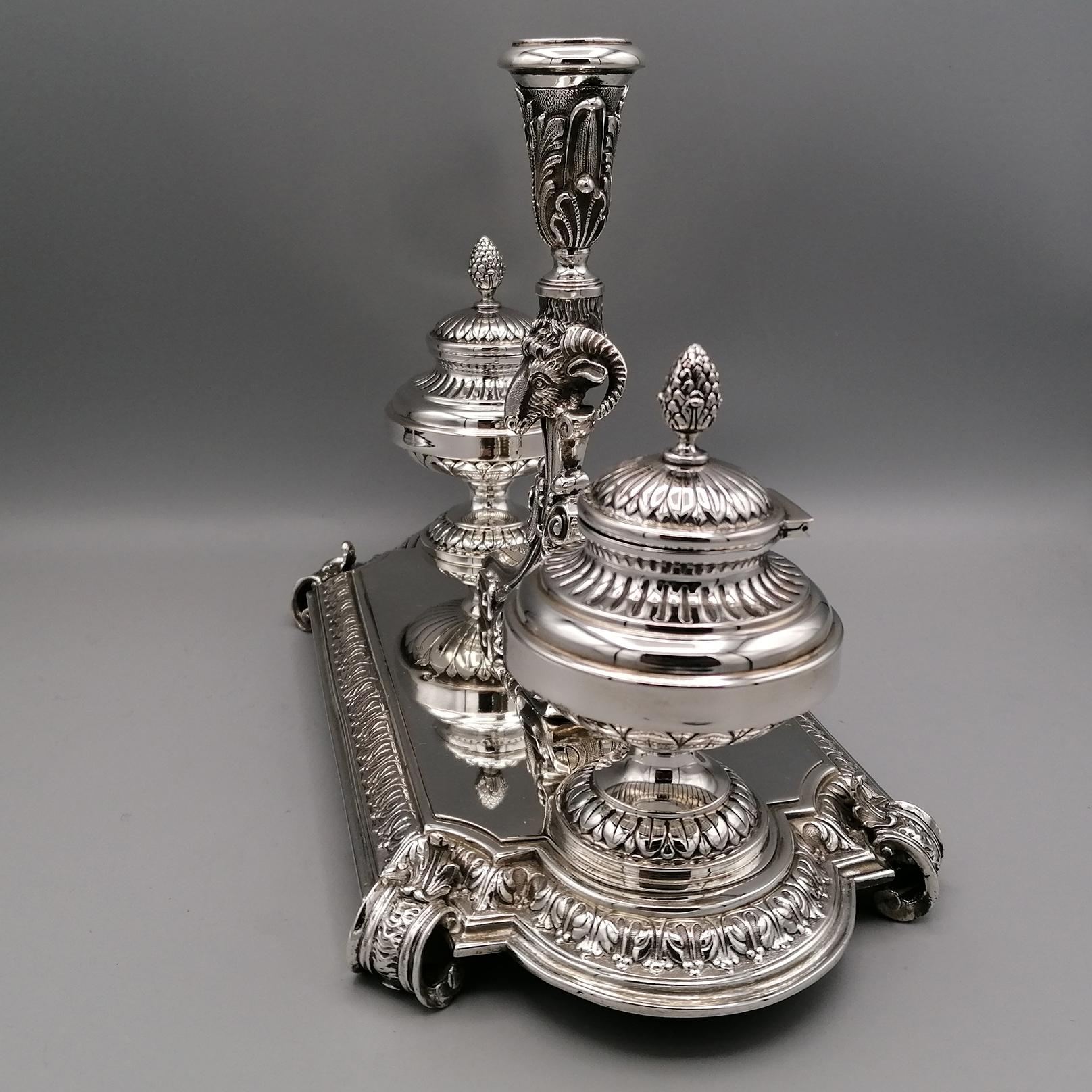 20th Century Italian Solid Silver Inkstans Empyre Style For Sale 5