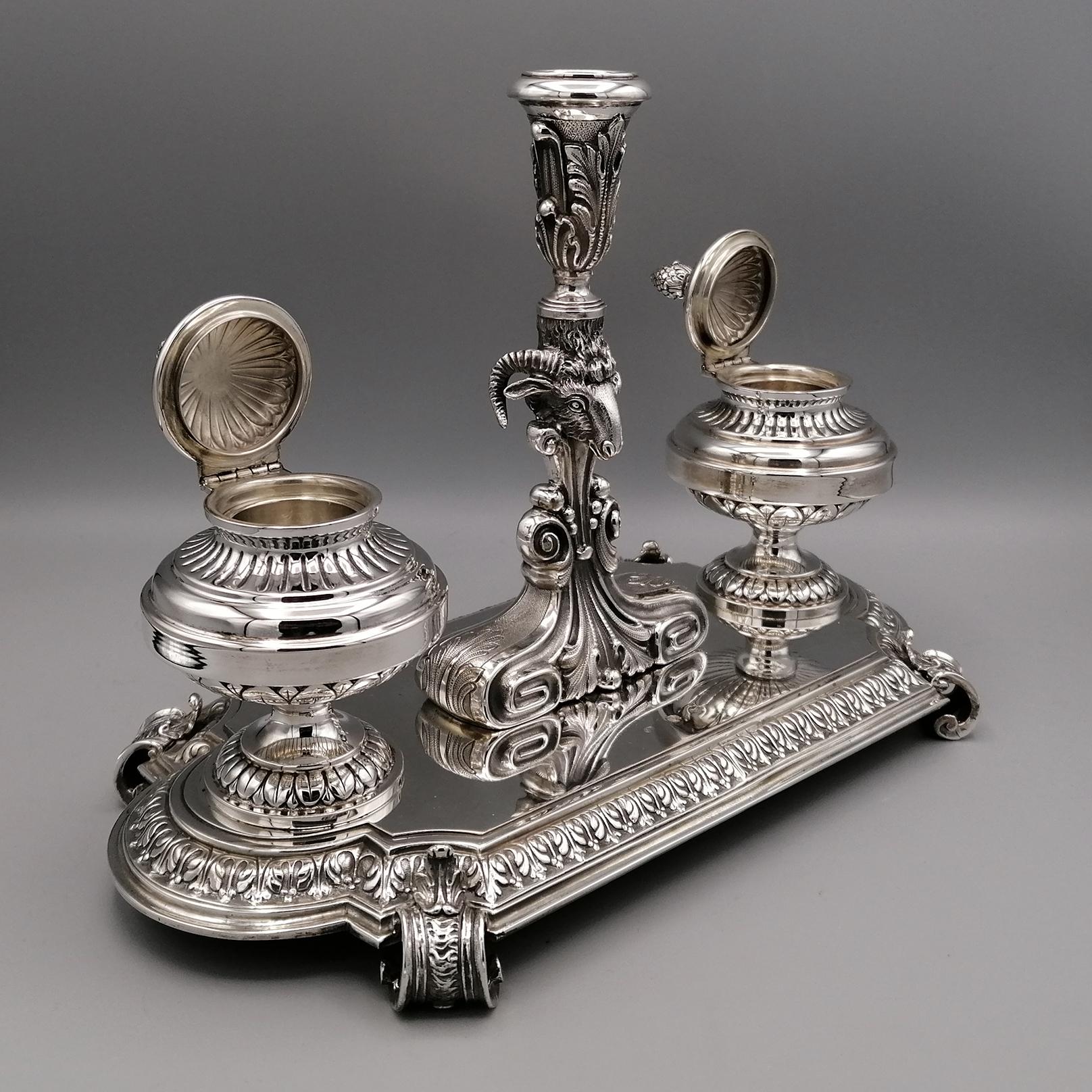 20th Century Italian Solid Silver Inkstans Empyre Style For Sale 9