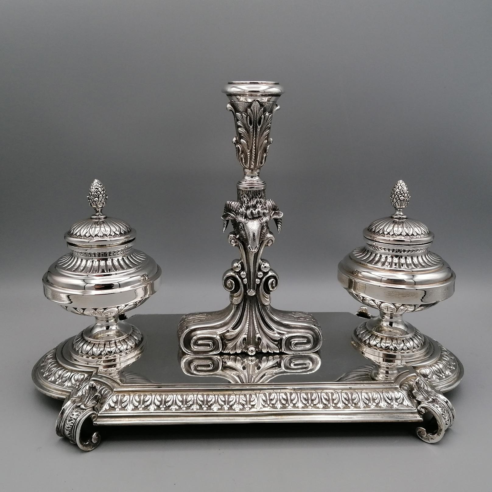 20th Century Italian Solid Silver Inkstans Empyre Style For Sale 11