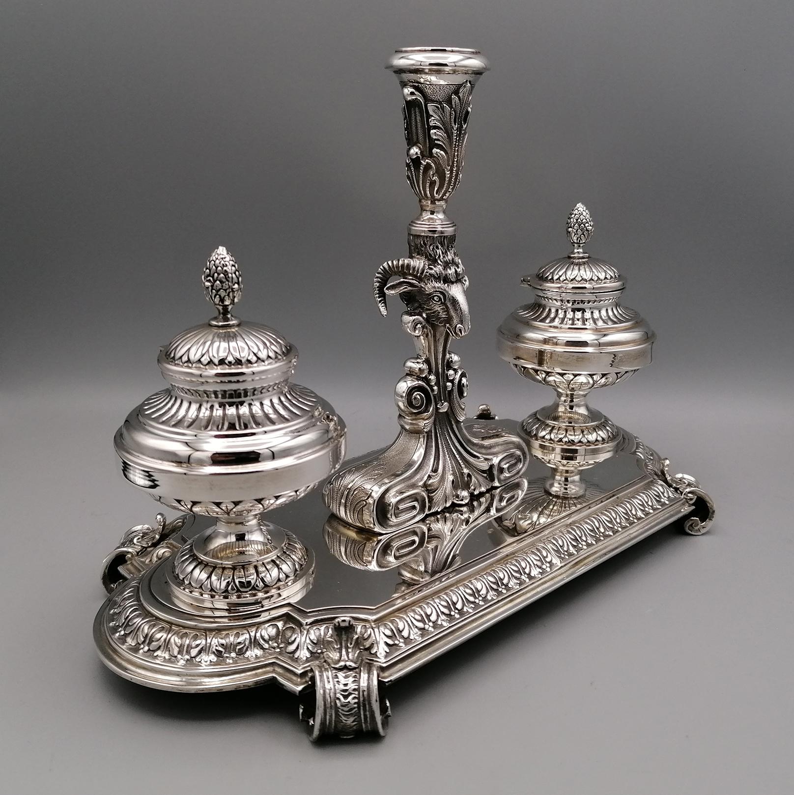Embossed 20th Century Italian Solid Silver Inkstans Empyre Style For Sale