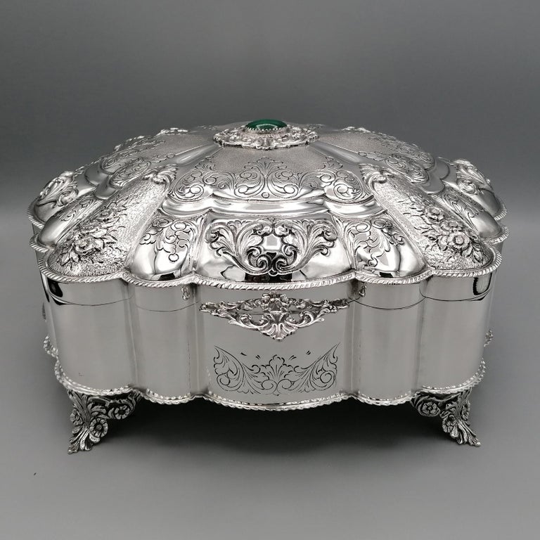 Boîte Ancienne En Argent Serti D'une Agate Verte - Couvercle Décoratif - Occasion