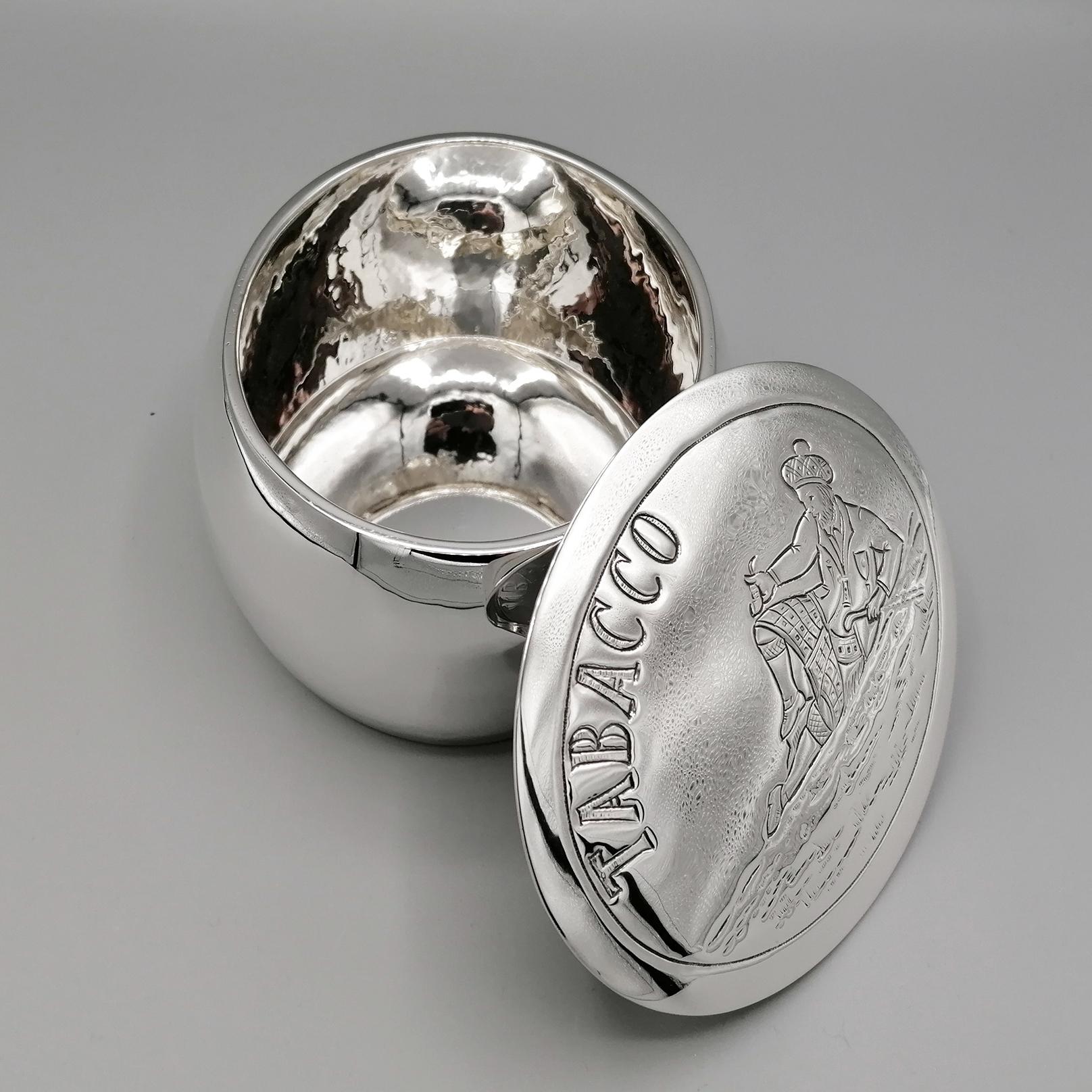 Embossed 20th Century Italian Solid Silver Oval Tobacco Box For Sale