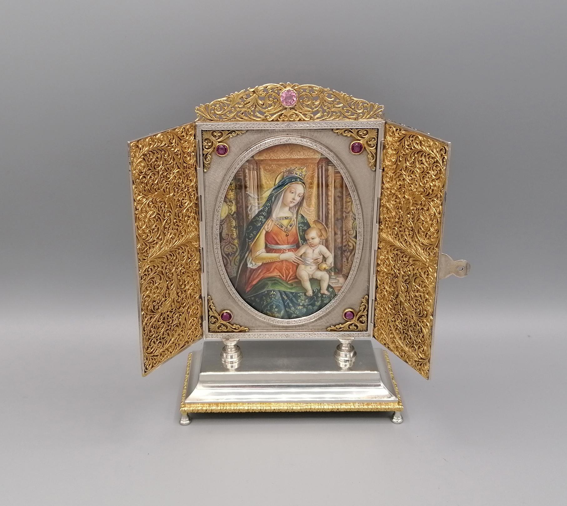 Portal italien du 20e siècle en argent massif du 20e siècle « Virgin Lady and Child Enthroned » (Véritable femme et enfant intronisé) en vente 7