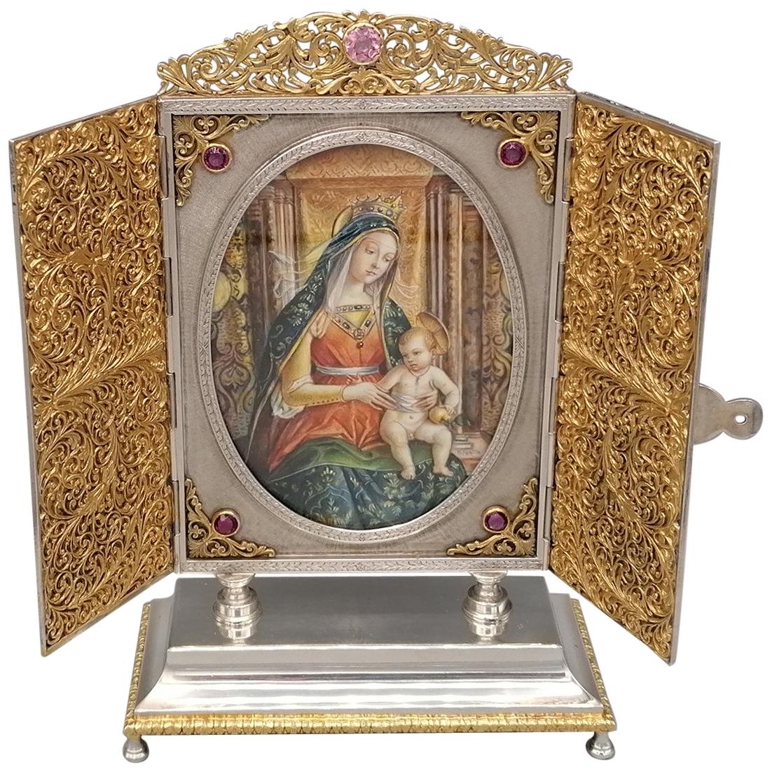 Portal italien du 20e siècle en argent massif du 20e siècle « Virgin Lady and Child Enthroned » (Véritable femme et enfant intronisé)