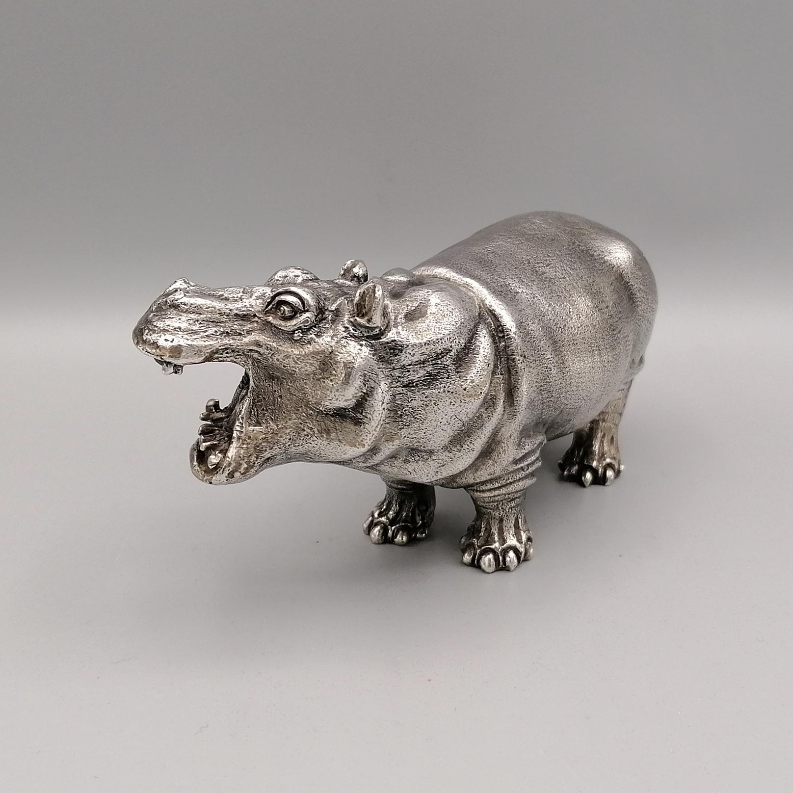 Brushed 20th Century Italian Solid Silver Sculpture Depicting Hippopotamus