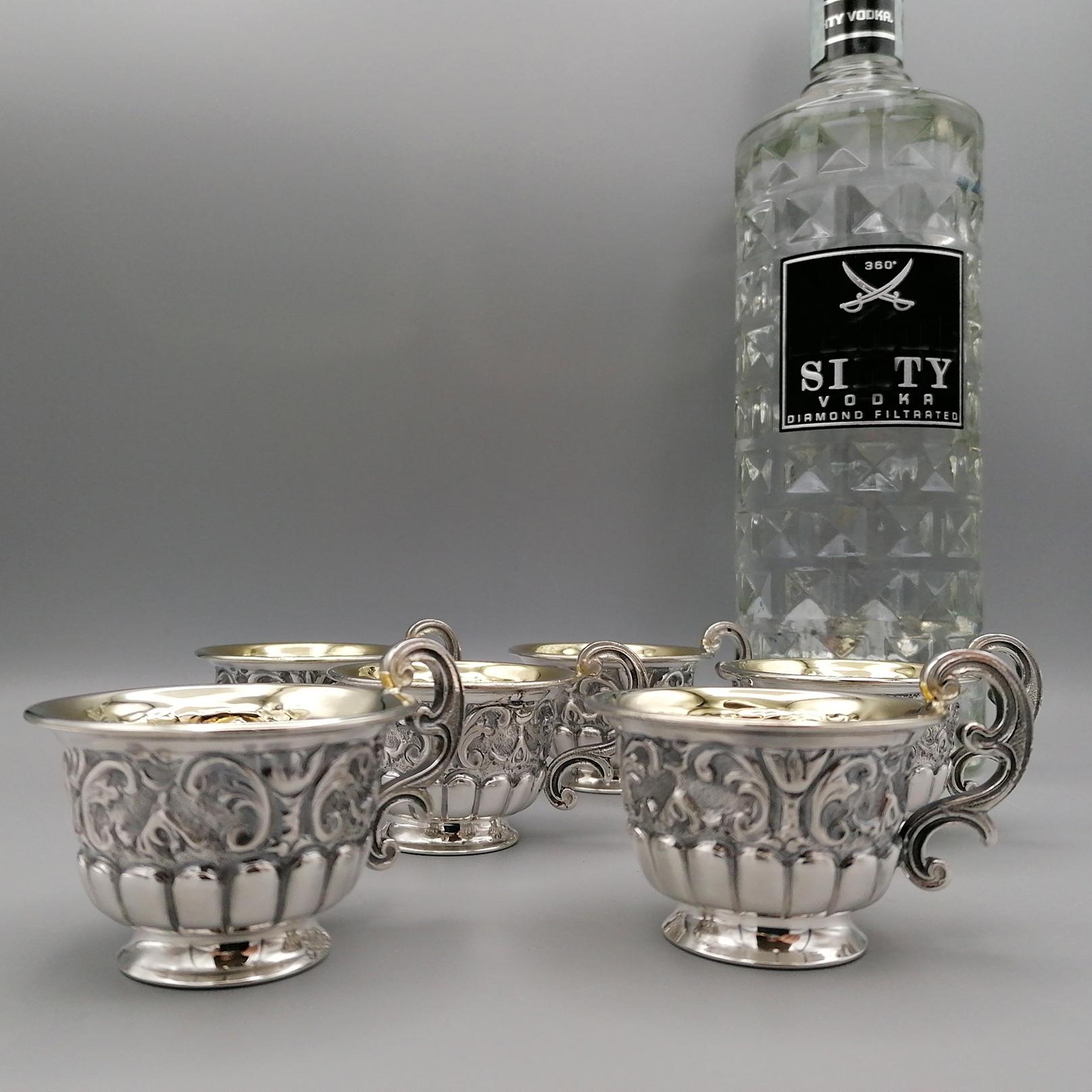 Baroque 20th Century Italian Solid Silver Set of 6 Vodka Beakers For Sale