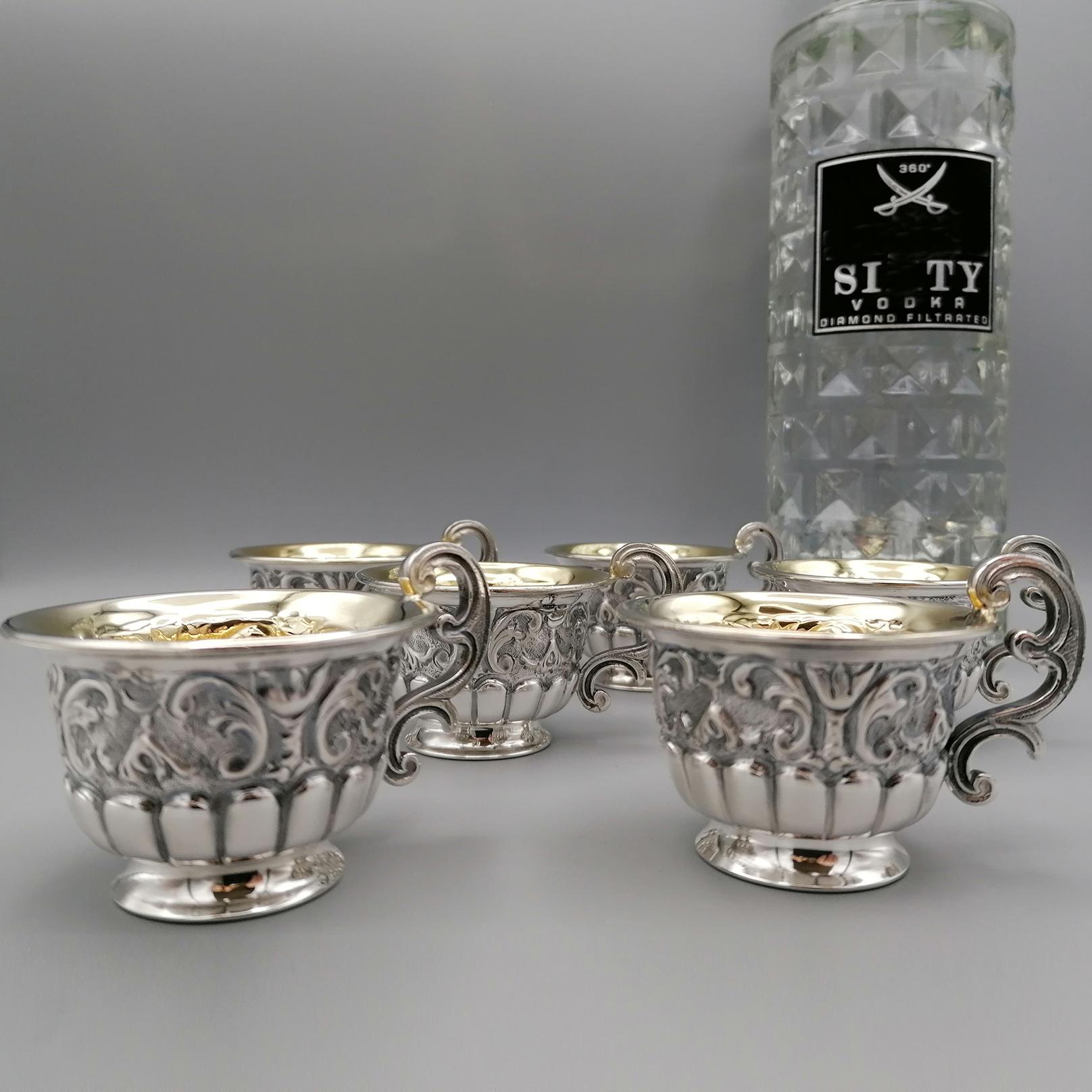 Embossed 20th Century Italian Solid Silver Set of 6 Vodka Beakers For Sale