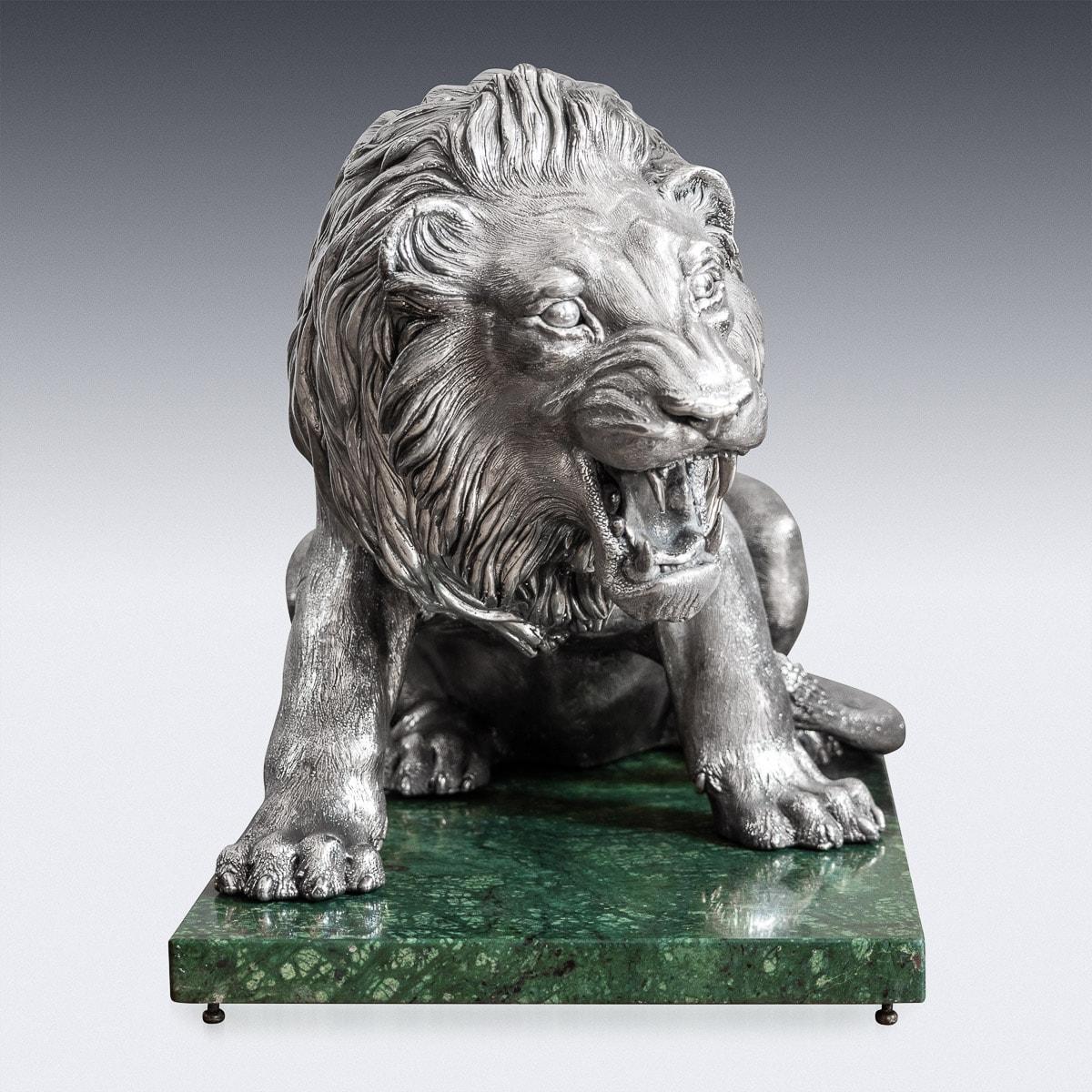 20th Century Italian Solid Silver Statue of a Lion on Marble Base, circa 1970 For Sale 1