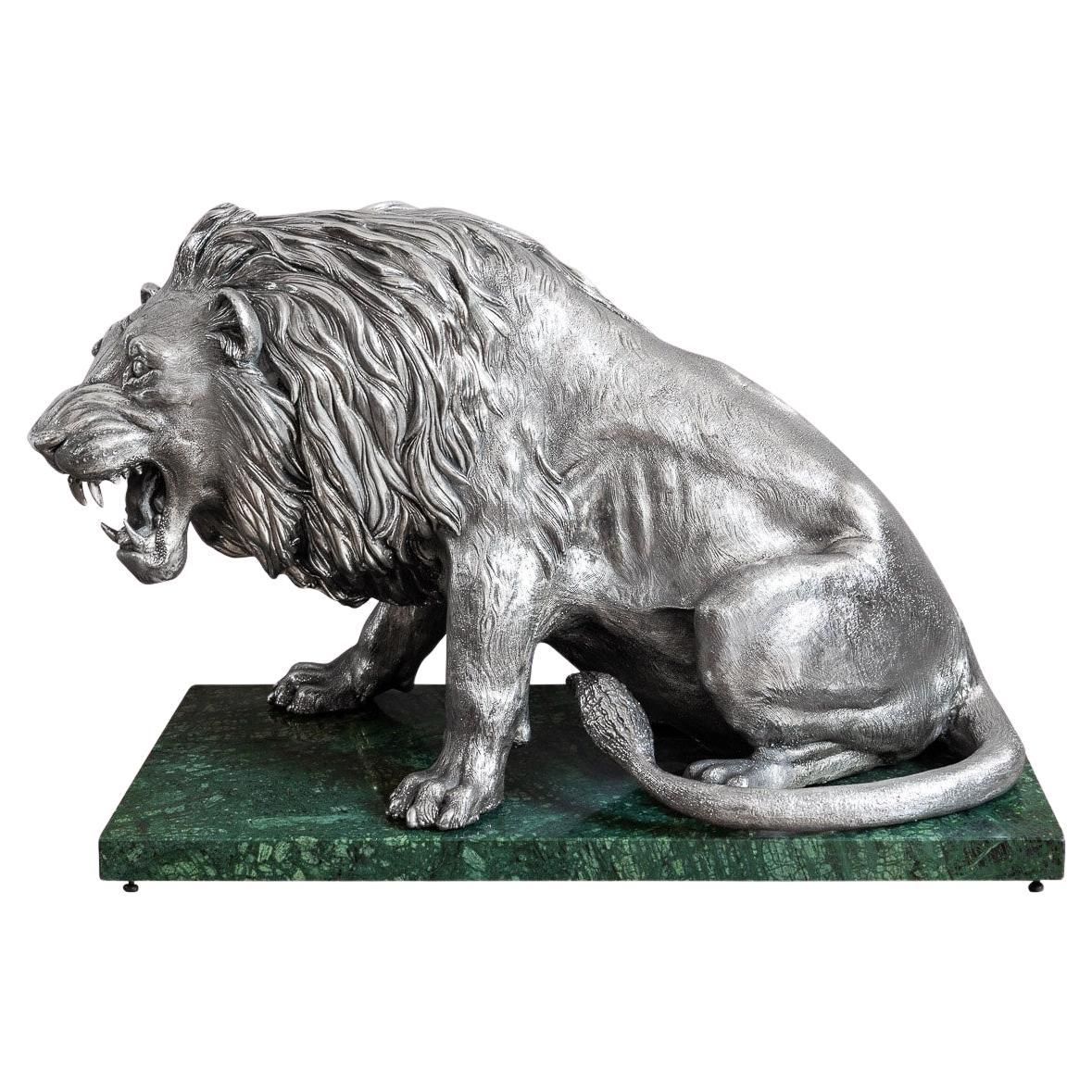 20th Century Italian Solid Silver Statue of a Lion on Marble Base, circa 1970 For Sale