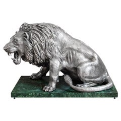20th Century Italian Solid Silver Statue of a Lion on Marble Base, circa 1970