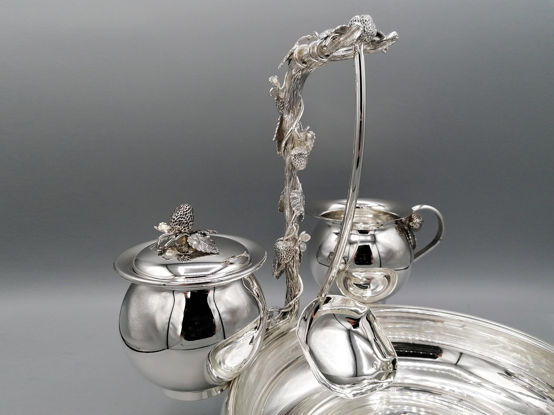 20th Century Italian Solid Silver Strawberry Bowl with Sugar Bowl and Lemon Jug For Sale 6