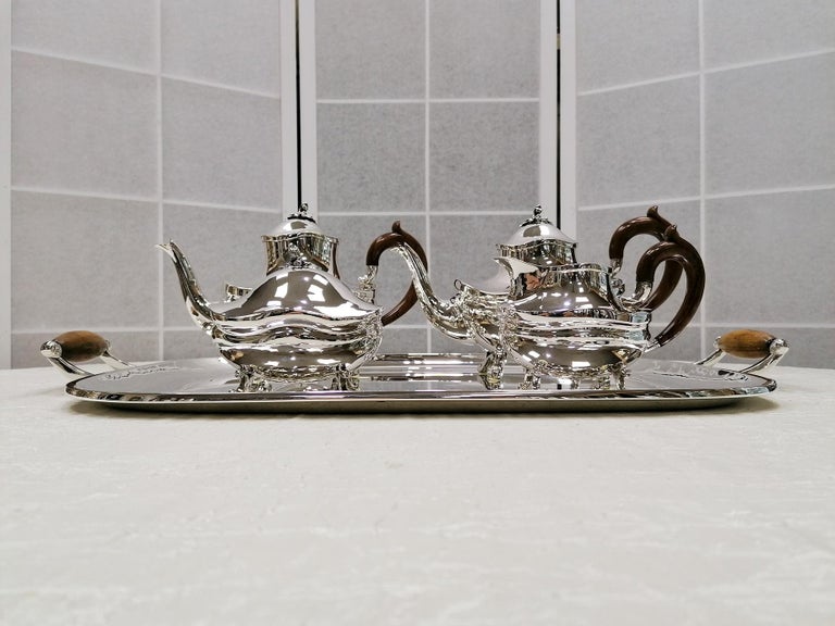 Hand-Carved 20th Century Italian Solid Silver Tea and Coffee Set with Matching Tray For Sale