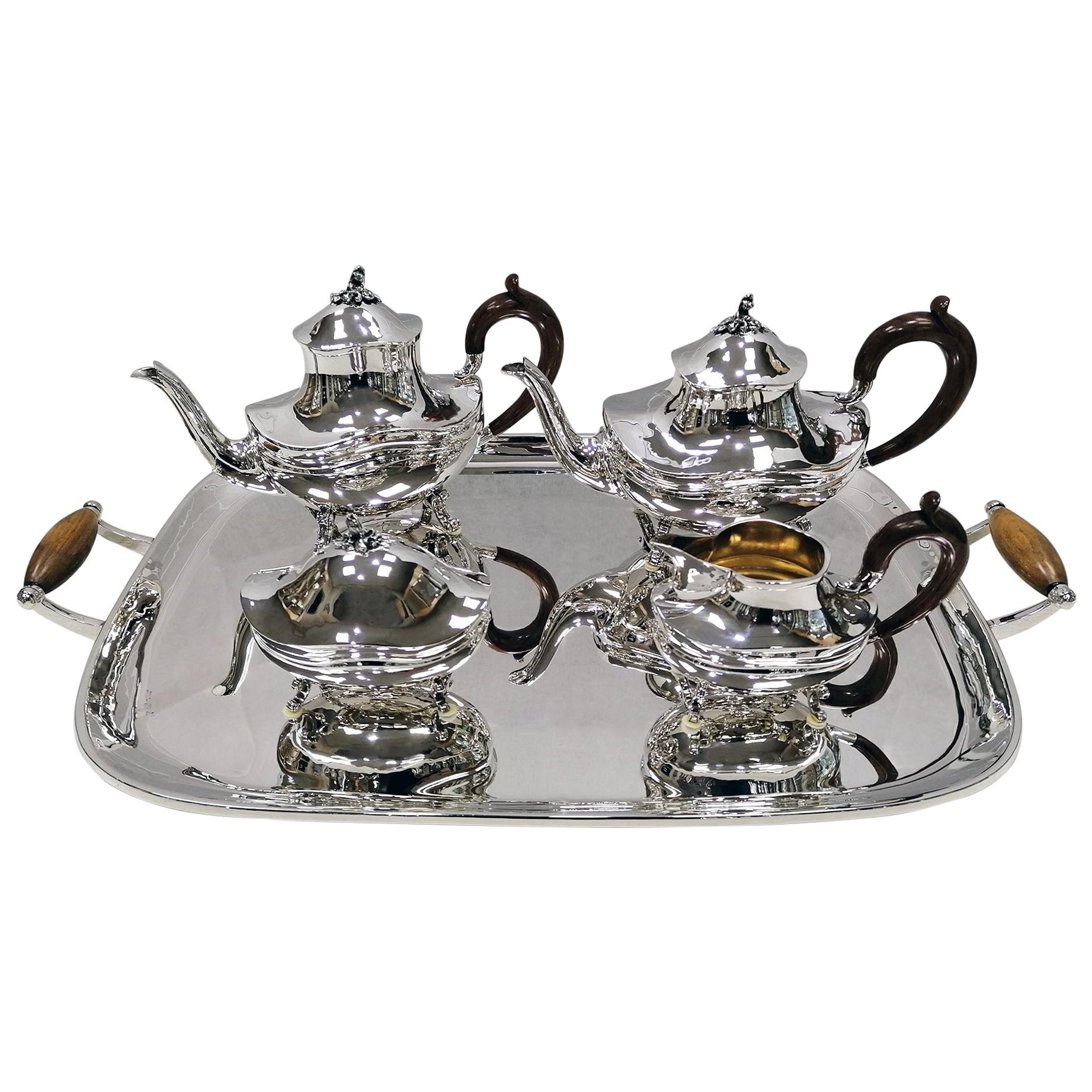 20th Century Italian Solid Silver Tea and Coffee Set with Matching Tray