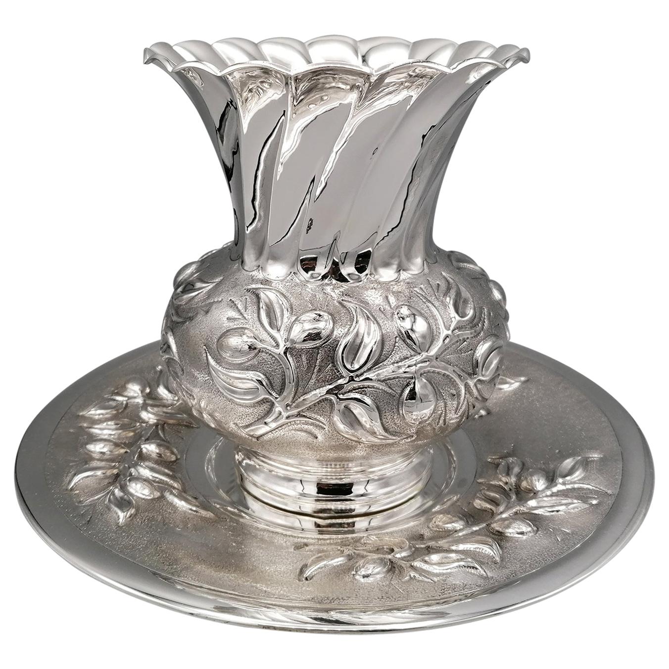 20th Century Italian Solid Silver Vase with Dish