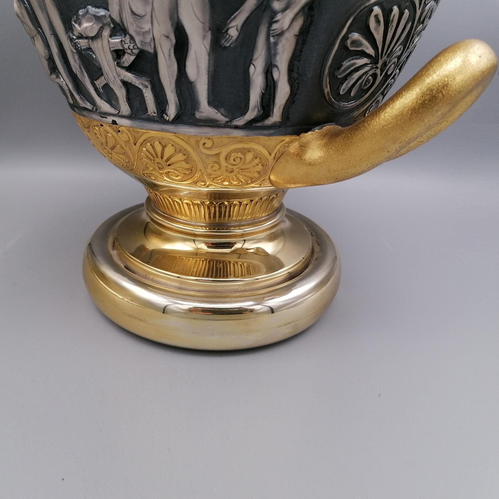 Burnished 20th Century Italian Solid Silver Vase with Handles in the Etruscan Style For Sale