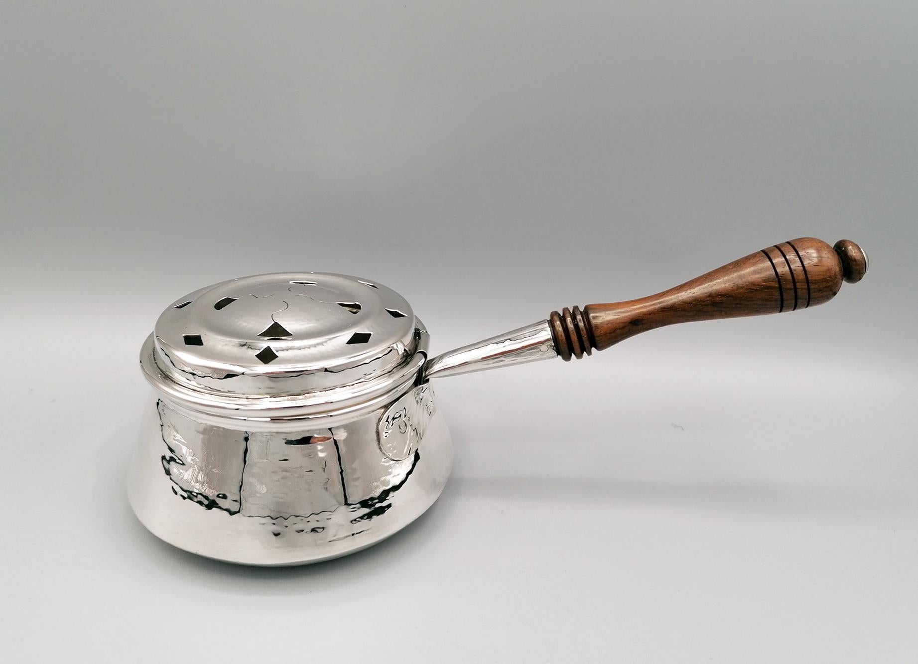 20th Century Italian Solid Silver Warmer with Wooden Handle In Excellent Condition For Sale In VALENZA, IT