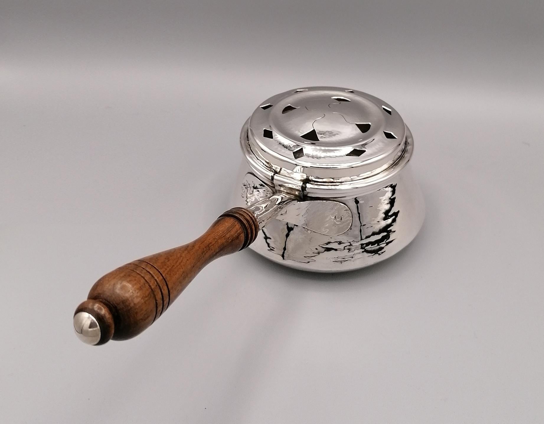 20th Century Italian Solid Silver Warmer with Wooden Handle For Sale 1