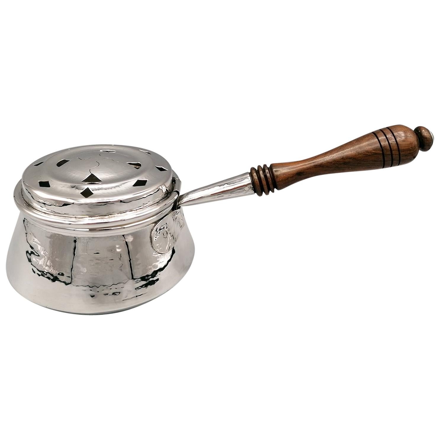 20th Century Italian Solid Silver Warmer with Wooden Handle For Sale