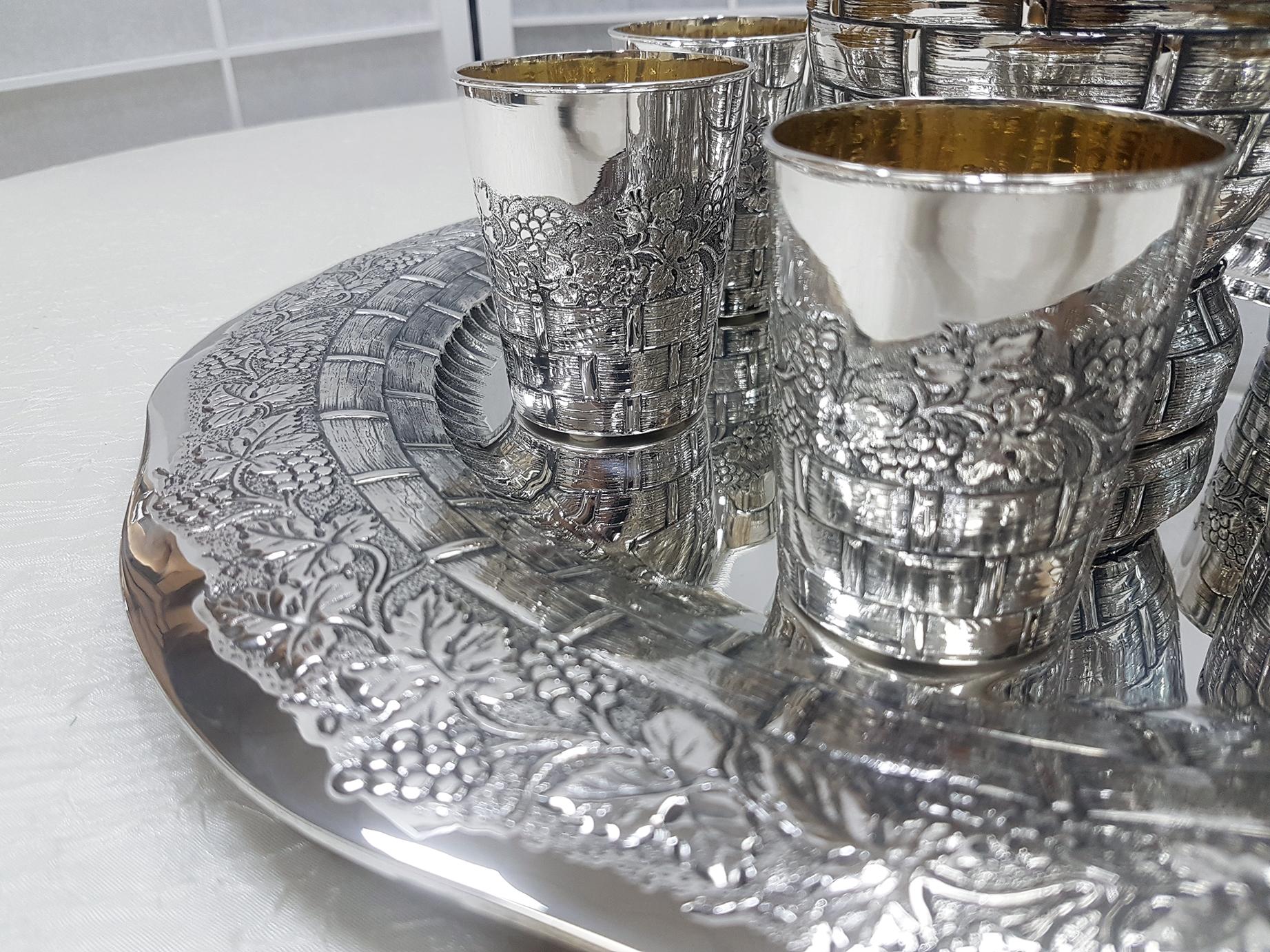 Other 20th Century Italian Solid Silver Wine Set with Tray, Bottle and Six Beakers For Sale