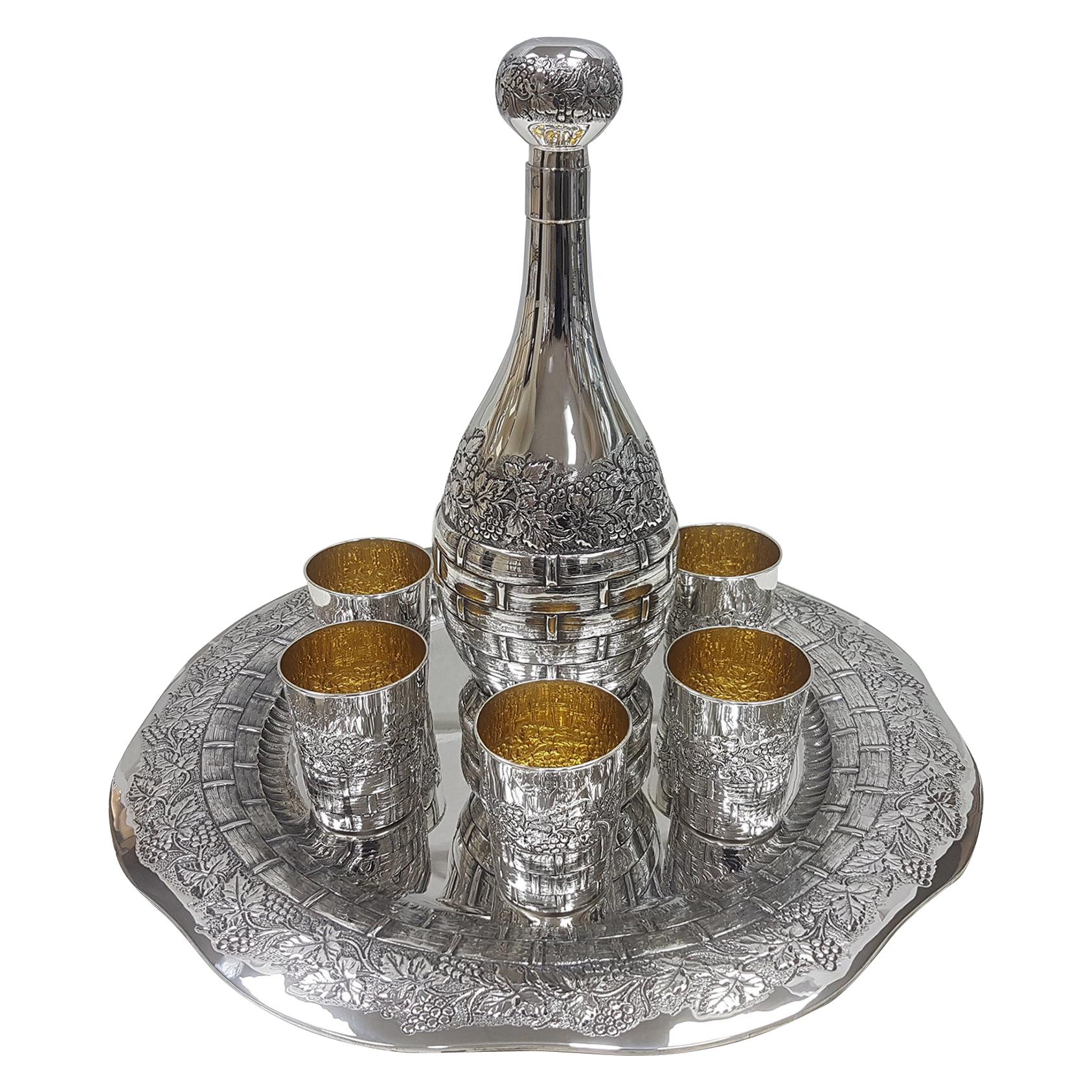 20th Century Italian Solid Silver Wine Set with Tray, Bottle End Six Beakers