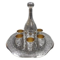 Used 20th Century Italian Solid Silver Wine Set with Tray, Bottle and Six Beakers