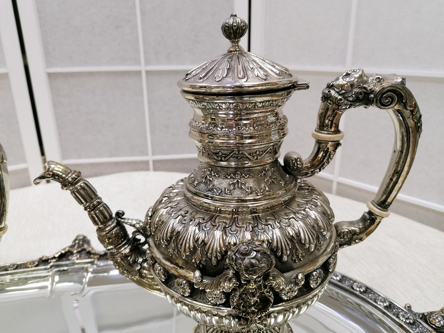 Late 20th Century 20th Century Italian Solid Sterling Silver Tea, Coffeset with Tray For Sale